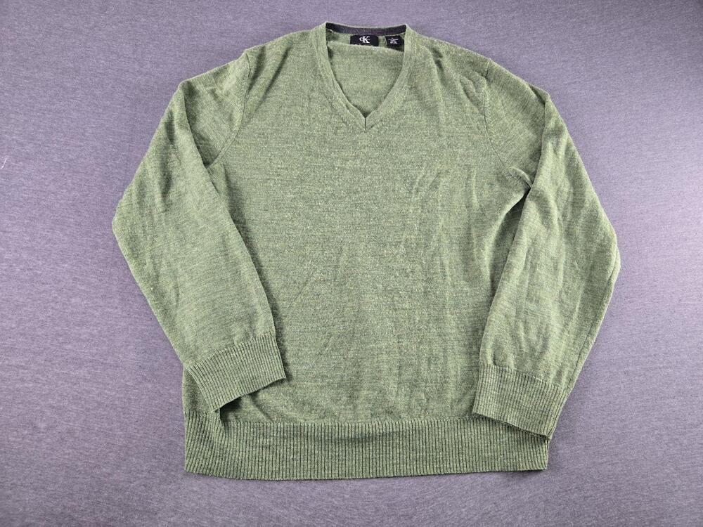 Calvin Klein Sweater Mens Large Green Merino Wool V Neck Knit Pullover